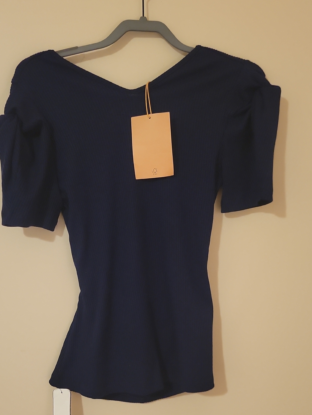 64G Navy Ribbed Puff-Sleeve Swearer Top With Open Back